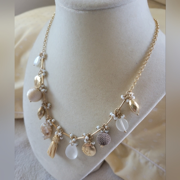 NWT Pretty Gold Tone Asymmetric Mixed Media Charm Necklace - Picture 11 of 11